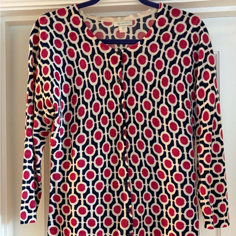 Garnet Hill Pink and Navy Patterned Merino Wool Cardigan